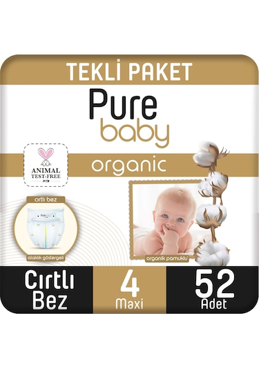 Pure Baby Organik Pamuklu Cırtlı Bez 4 Numara Maxi 52 Adet