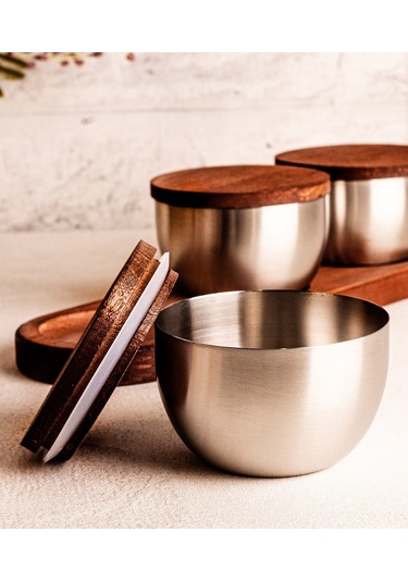 Steel&More Bambu Kapak Çelik Çerezlik 7 Parça Sızdırmaz Saklama Kabı 9cm Gri