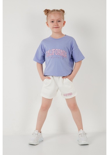 Lela Pamuklu Baskılı Bisiklet Yaka Şortlu Alt-Üst Kız Çocuk Takım 6212004 Lila