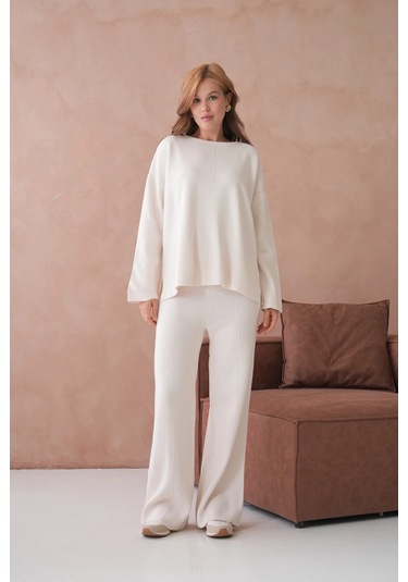 Kadın Bisiklet Yaka Düşük Kol Kazak Pantolon İkili Triko Takım Taş