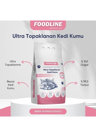 Foodline Bebek Pudrası Kokulu İnce Taneli Bentonit Topaklaşan Kedi Kumu 2 x10 L