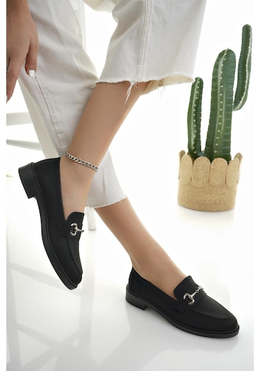 Muggo Sussie Garantili Metal Tokalı Kadın Loafer Günlük Ayakkabı SIYAH SUET
