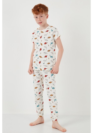 Lela Desenli % 100 Pamuk Bisiklet Yaka Erkek Çocuk Pijama Takımı 6651001 Ekru-Kırmızı
