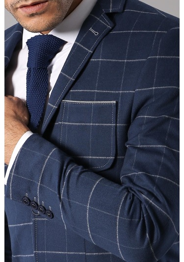 Wessi 2 Düğmeli Ekose Slim Fit Lacivert Ceket Lacivert