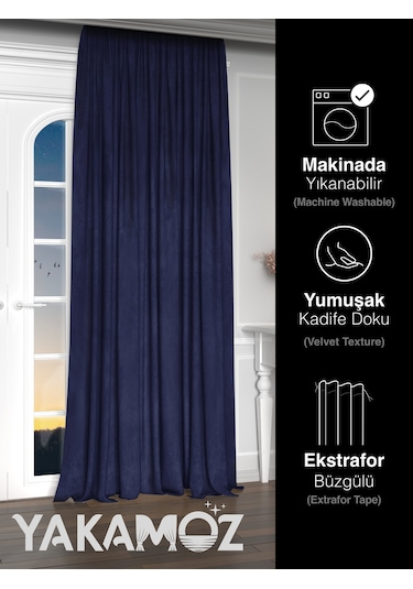 Yakamoz Kadife Görünüm Lacivert Ada Fon Perde Ekstraforlu Velvet Touch Serisi Lacivert