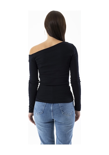 Giysa Kadın Asimetrik Yaka Uzun Kollu Basic Bluz Siyah - Ms0001283 Siyah