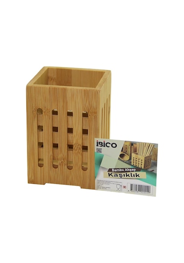Büyük - Pencereli Kare 10x10cm Ahşap Bambu Kaşıklık Organizer 4741 Ahşap
