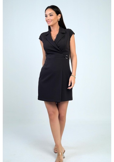 Kadın Kruvaze Yaka Toka Detaylı Eteği Pileli Likralı Krep Elbise-41673 Kahve