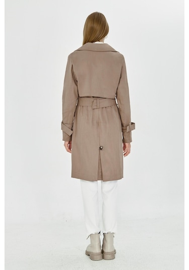 Pastelastore Esnek Pamuk Gabardin Midi 95cm Astarsız Kadın Trençkot 1118 Vizon