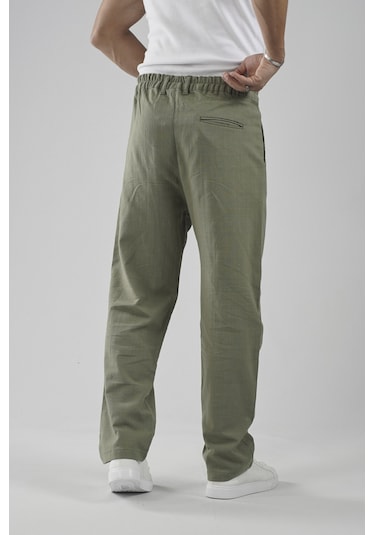 Baggy Fit Kalıp Pamuklu Keten Pantolon Haki