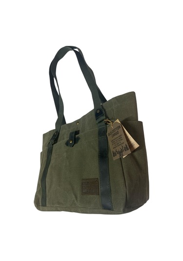 Vintage Salaş Design Su Geçirmez Kanvas Deri Günlük Okul Gezi Omuz Kol Çantası 35x28cm Haki