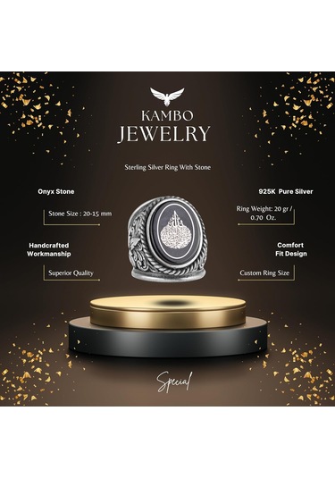 İslami Erkek Yüzüğü, Hat Sanatı Tasarımı, Oniks Taşlı Sterlin Gümüş Dinî Yüzük Gümüş