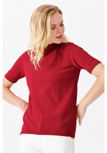 Desen Triko Kadın Likralı Kısa Kollu Tam Balıkçı Bluz 20346 Kırmı Kırmızı