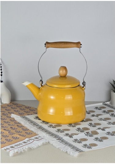 Alev Vintage Demlik Ahşap Saplı Emaye Çaydanlık Kettle 2,5lt Sarı Sarı