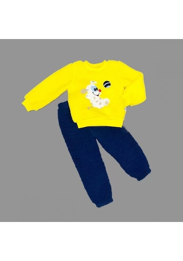 1-2-3 Yaş Toplu Köpek Nakışlı Kuzu Kumaş Sweat Pantolonlu Uzun Kollu Kız Erkek Bebek Takımı Sari