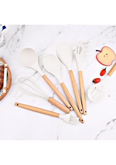 Novahub Beyaz Silikon Yapışmaz Mutfak Aletleri Seti, Tencere Spatula Kürek Yumurta Çırpıcı Ahşap Saplı Gıda Sınıfı Set Beyaz