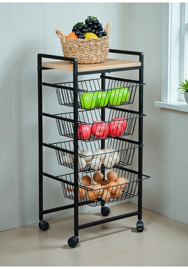 Dekoratif Tekerlekli Metal Sebzelik 4 Tel Sepetli Çam Ahşap Raflı Çok Amaçlı Stand Siyah