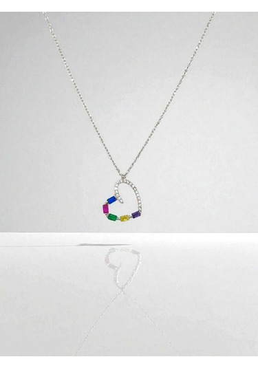 Renkli Baget Taşlı Kalp Figürlü 925 Ayar Gümüş Kolye Modern Tasarım Gümüş