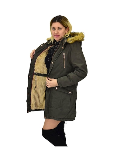 Kadın Büyük Beden Spor Kanvas Kapüşonlu Parka M5300 Bgl-st03987 Haki