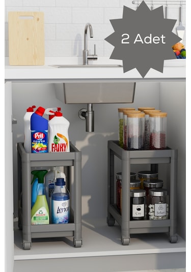 Mithra Life 2 Adet 2 Katlı Tekerlekli Tezgah Altı Gri Banyo Mutfak Rafı Mıt1124 Gri