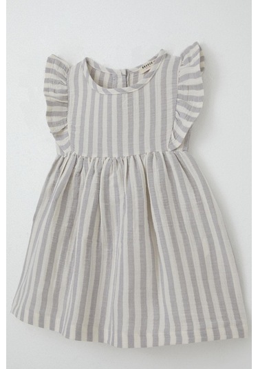 Breeze Kız Çocuk Elbise Arkası Düğme Detaylı Kol Kısmı Fırfırlı 3-8 Yaş, Ekru Ekru