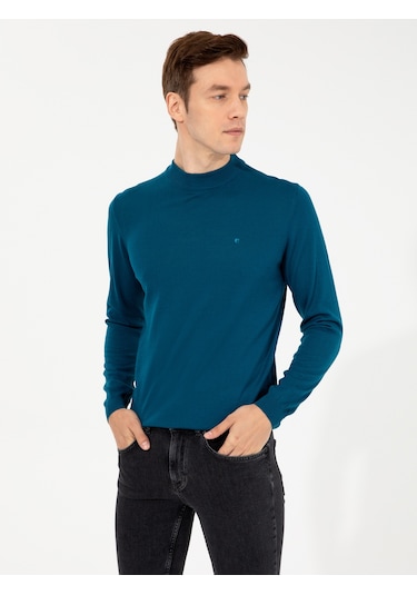 Cacharel Petrol Slim Fit Çeyrek Balıkçı Yaka Basic Triko Kazak