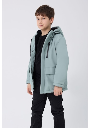 Erkek Çocuk Mint Yeşil Içi Kürklü Su Ve Rüzgar Geçirmez Kapüşonlu 3 Cep Kışlık Mont & Kaban & Parka Mint Yeşili