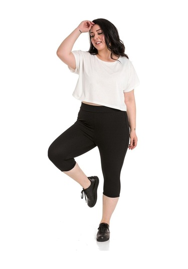 Büyük Beden Fitilli Karyoka Dikişli Diz Altı Siyah Tayt