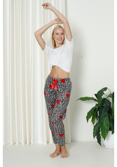 Luxury Soft Welsoft Polar Desenli Kurdeleli Kışlık Pijama Altı Pantolon Leopar Çok Renkli