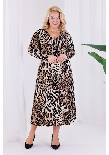 Kadın Kahve Leopar Desen Kruvaze Yaka Büyük Beden Esnek Maxi Elbise Kahverengi