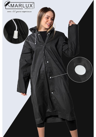 Marlux Unisex Su Rüzgar Geçirmez Kapüşonlu Çıtçıt Düğme Eva Yağmurluk - Siyah - Beyaz