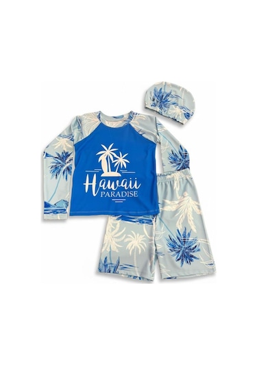 Miniğimin Cicileri Hawaii Baskılı Boneli Erkek Çocuk Mayo Tak... Mavi