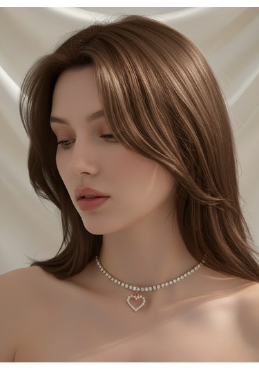 Tek Sıralı Kalp Figürlü Kristal Taşlı Choker Tasma Silver Gold Kolye Altın