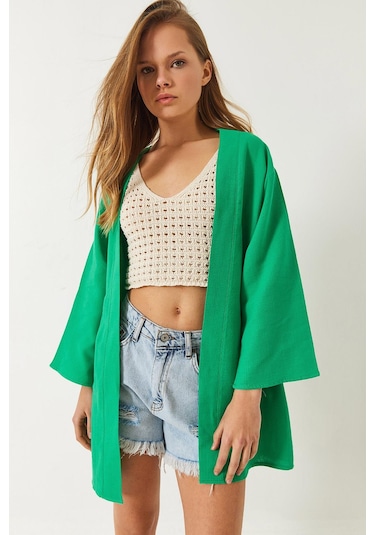 Shade Kadın Keten Dokulu Kısa Basic Kimono 60261496 - Yeşil