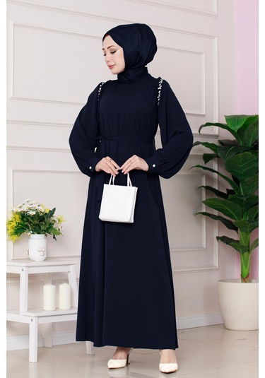 Omuzu Taş Detaylı Rose Elbise-lacivert-4776 Lacivert