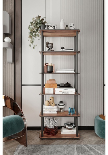 6 Katlı Dekoratif Diktörtgen Kitaplık Ceviz Ceviz