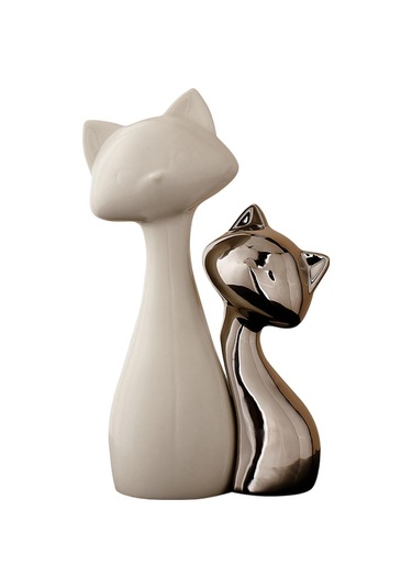 Homyl Şömine Masası Ofisi Için 2 Parça Kedi Heykeli Seramik Küçük
