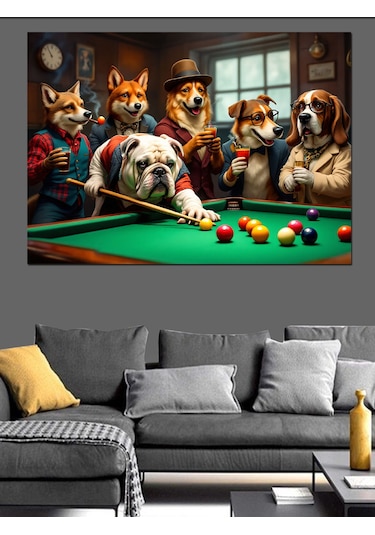 Bilardo Masasında Köpekler Dekoratif Kanvas - Mdf Ahşap Tablo