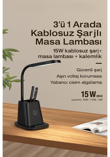 Güvenli Şarj Ve Modern Tasarım 3 Ü 1 Arada Kablosuz Şarjlı Masa Lambası Kalemlik Siyah