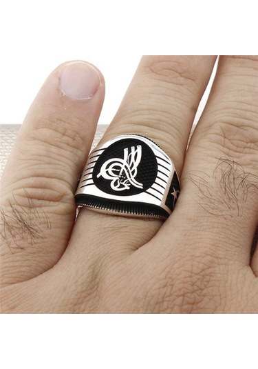 Gümüş Ay Yıldız Işlemeli Tuğra Erkek Yüzük