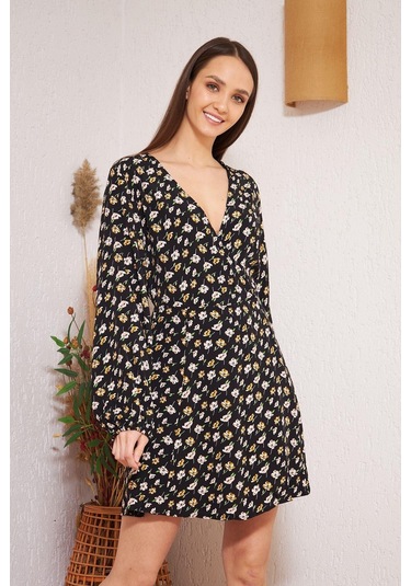 Siyah Çiçek Desenli Elbise Dm1025