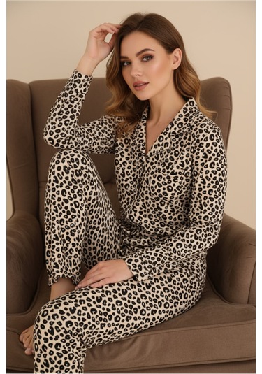 Luxury Soft Bej Leopar Desenli Uzun Kollu Kadın Pijama Takımı 3062 LEOPAR