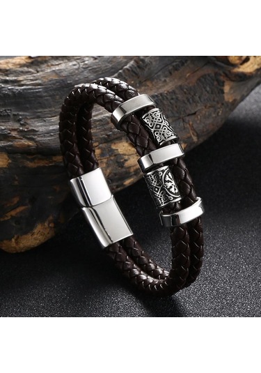 Yeni Paslanmaz Çelik Deri Halat Bileklik İskandinav Viking Serisi Çift Katmanlı Dokuma Deri Erkek Bilekliği Kahverengi