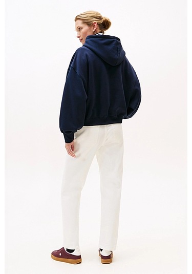 Kadın Rahat Kalıp Düşük Omuzlu Kapüşonlu Sweatshirt - Lacivert Dark Night Navy