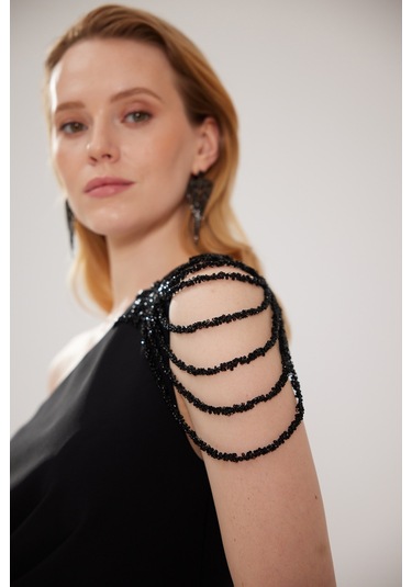 Doridorca Kadın Büyük Beden Tek Omuz Ve Omzu Taş Detaylı Uzun Abiye Elbise 6053 Siyah