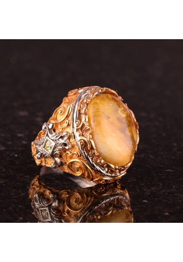 925 Ayar Gümüş Doğal Kehribar Taşlı Erkek Yüzük - El Yapımı Vintage Tarzı Takı Gümüş