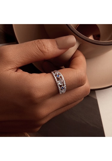 S925 Sterling Silver Platinum Plated Starry Hollow Ring, Size: No.6 Çok Renkli