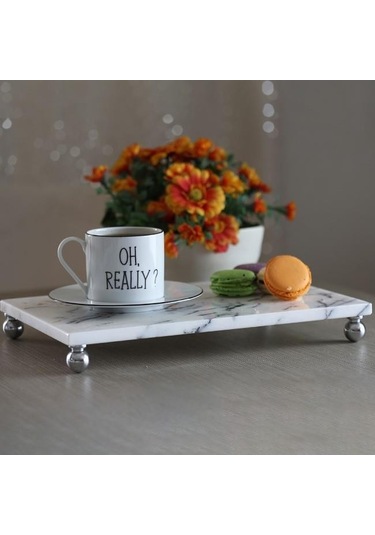 Akayev Mermer Leylak 30x20 Cm Gümüş Boncuk Ayak Sunum Tabağı Beyaz