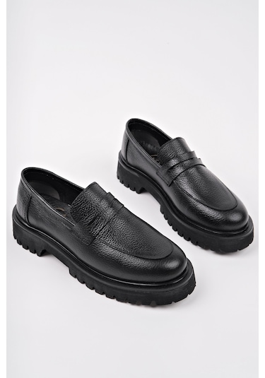 Muggo Paradise Hakiki Deri Kalın Taban Günlük Casual Makosen Kadın Loafer Ayakkabı Siyah