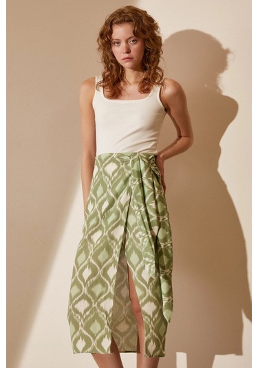 Never More Yırtmaçlı Desen Etek Yeşil